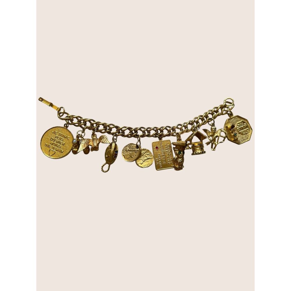 ✨ VTG GOLD TONE CORO CHARM BRACELET 1960s OWL ANGEL BABY SHOES BIRD TELEPHONE 7"